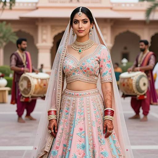 Photograph of a South Asian bride in a floral lehenga, veil, and jewelry, standing in a courtyard with musicians in the background.