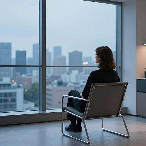 Photograph of a woman with shoulder-length brown hair, wearing a black top and dark pants, sitting in a modern, metal-framed chair, g