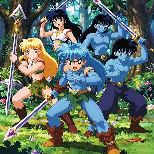 Blue-Skinned Anime Warriors in Forest