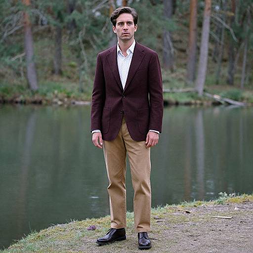 Man in Burgundy Blazer by Lakeside