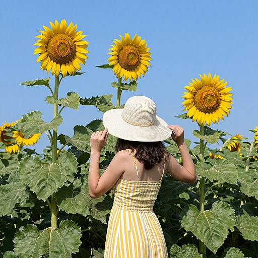 Woman in Striped Sundress Among Sunflowers