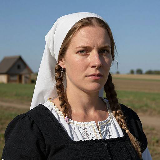 Photograph of a young white woman with braided brown hair, wearing a black dress, white lace collar, and white headscarf, standing in