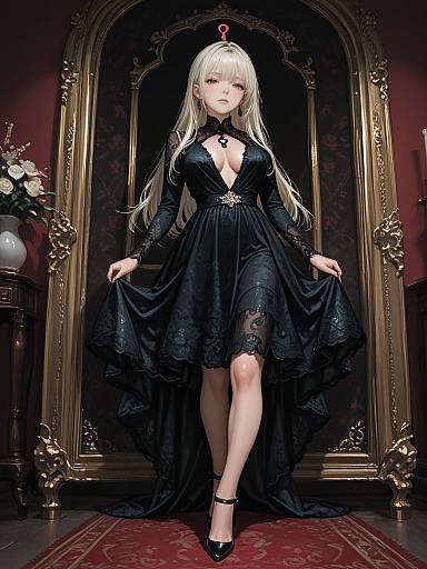 Woman in Elegant Black Lace Evening Dress