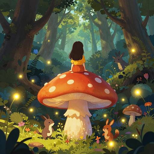 Digital illustration of a girl with long brown hair, sitting on a giant red mushroom in a magical, glowing forest, surrounded by fireflies and small rabbits