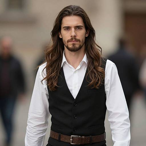 Photograph of a handsome man with long brown hair, beard, wearing a white shirt and black vest, standing outdoors, blurred background.