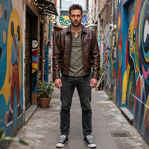 Photograph of a bearded man in a brown leather jacket, olive shirt, black jeans, and black sneakers, standing in a colorful, graffiti-covered
