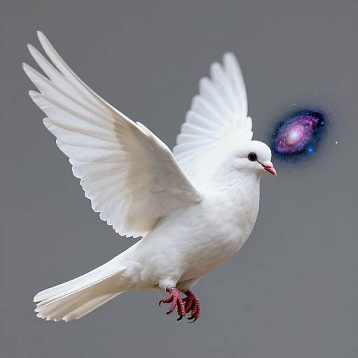 Photograph of a white dove with outstretched wings, red feet, and a small, glowing purple and blue cosmic sphere near its beak,