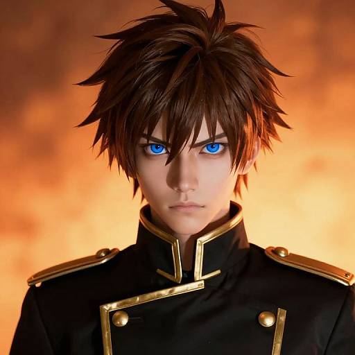 Digital artwork of a stern, blue-eyed young man with spiky brown hair in a black military uniform with gold trim, set against a fiery orange background