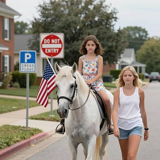 Girls Riding White Horse in Suburbia