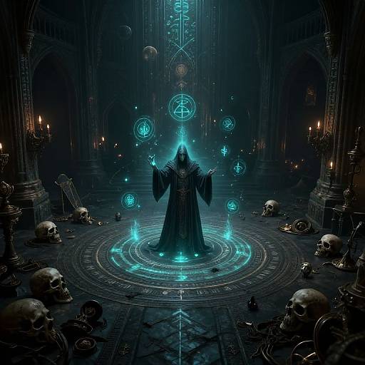 Digital artwork of a hooded figure in a dark, gothic cathedral, casting blue magical spells surrounded by floating orbs and skulls.
