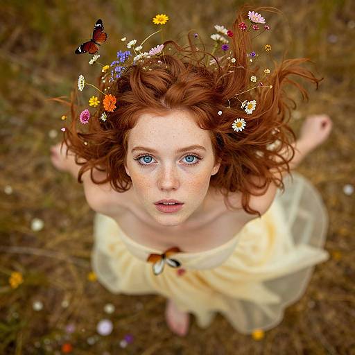 Photograph of a freckled redheaded woman with blue eyes, wearing a yellow dress, looking up, with flowers and a butterfly in her curly
