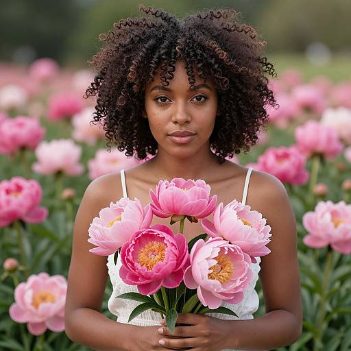 Photograph of a young black woman with curly hair, wearing a white tank top, holding pink peonies in a blooming field.