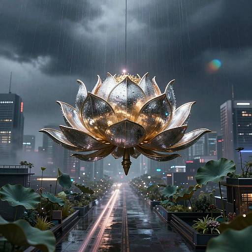 Cyberpunk Metallic Lotus Above Rooftops