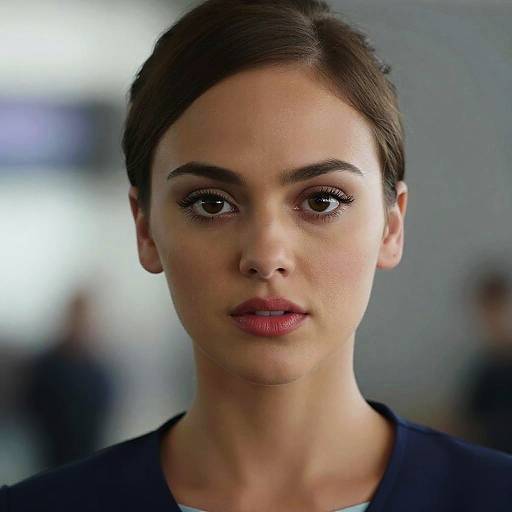 Close-up photograph of a young woman with short brown hair, fair skin, dark eyebrows, and subtle makeup, wearing a dark top, against a blurred