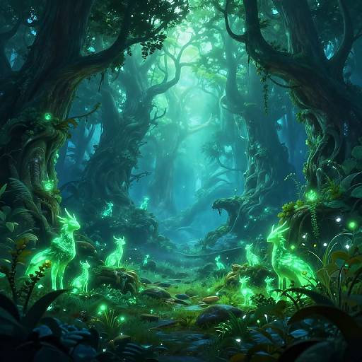Digital fantasy artwork of a mystical forest with glowing green fireflies and ethereal creatures, surrounded by twisted, illuminated trees.