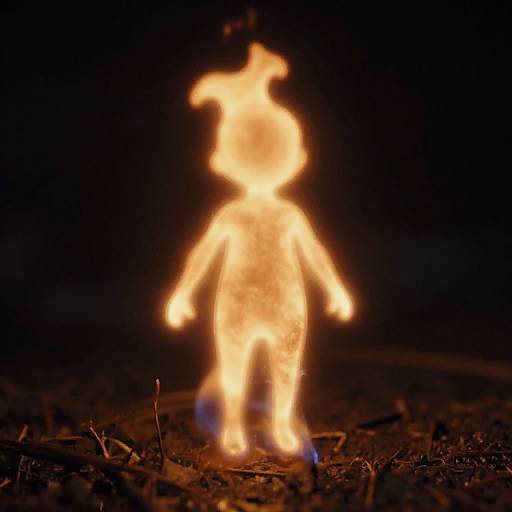Photograph of a silhouette figure made of bright, dancing flames standing on dark, charred ground, with a black background.