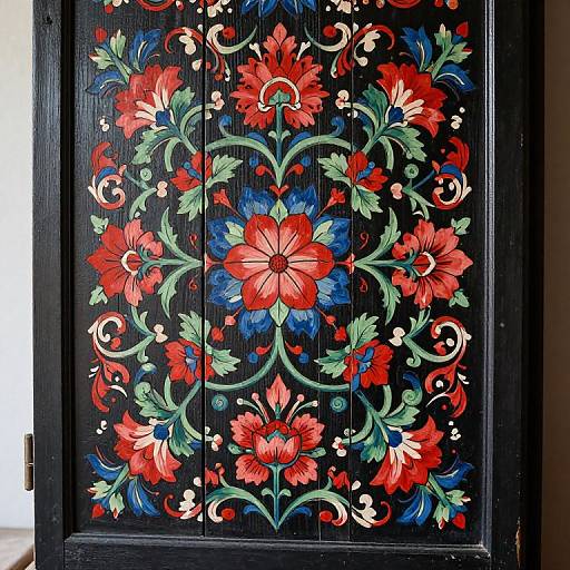 Vibrant, intricate floral design on a black wooden door, featuring red, blue, and green flowers with white accents, and swirling green vines.