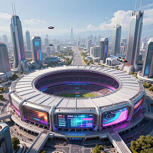 Digital CGI of a futuristic, circular stadium surrounded by skyscrapers, illuminated with vibrant neon lights, set in a bustling cityscape with a flying drone