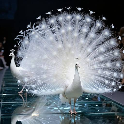 Photograph of a white peacock with electrifying, glowing feathers, illuminated by bright, white lights, standing on a shiny black reflective surface.