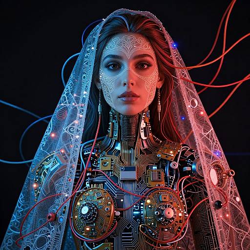 Digital artwork of a cybernetic woman with intricate circuitry patterns, wearing a translucent veil, illuminated by red and blue lights.