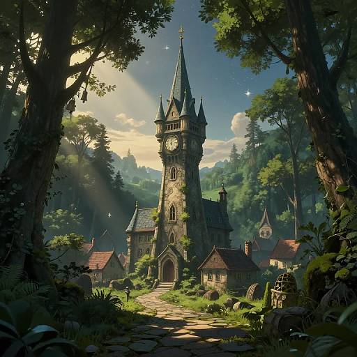 Enigmatic Tower at Mystical Forest Dawn