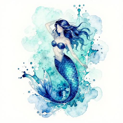 Digital watercolor of a blue mermaid with long flowing hair, detailed scales, and a seashell bra, surrounded by splashing blue water.
