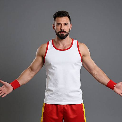 Photograph of a muscular, bearded man with dark hair, wearing a white tank top with red trim, red wristbands, and red shorts,