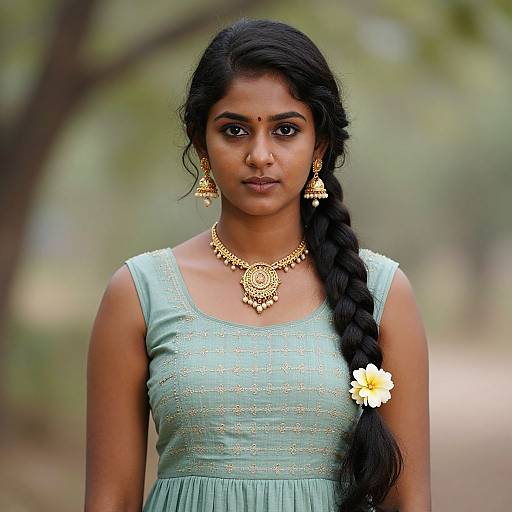 Photograph of a young Indian woman with dark skin, long black braid, wearing a green embroidered dress, gold jewelry, and a white flower,