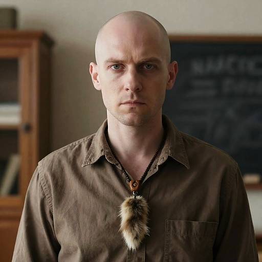 Serious Bald Man Indoors with Necklace