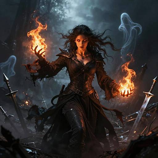 Digital fantasy artwork of a dark-haired woman with glowing fire hands, surrounded by floating spirits and scattered swords in a mystical, moonlit forest.