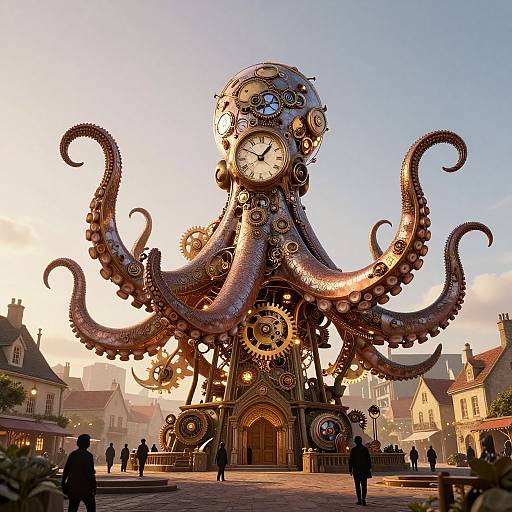 Photograph of a steampunk-style octopus clock tower with numerous gears and clocks, set in a quaint, sunlit village square.