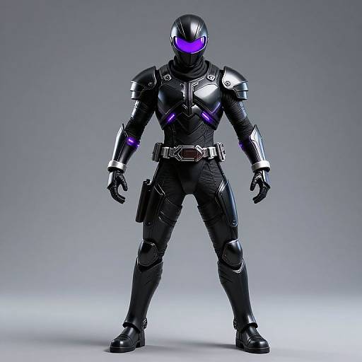 Photorealistic CGI of a futuristic black armored soldier with glowing purple visor, shoulder pads, and belt, standing against a gray gradient background.