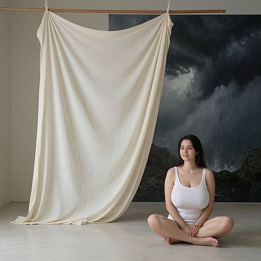 Photograph of a fair-skinned woman with black hair, wearing a white tank top and shorts, sitting cross-legged in front of a draped white fabric