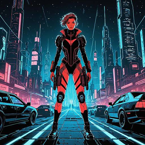 Cyberpunk Female Warrior in Futuristic Neon City