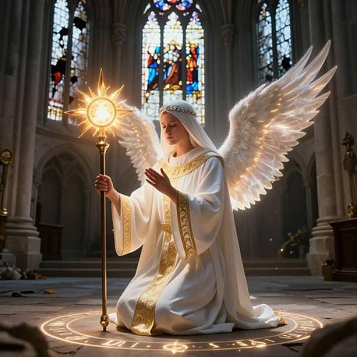 Photograph of an angelic woman with glowing white wings and a halo, kneeling in a cathedral, holding a radiant star-topped staff.