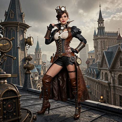 Steampunk warrior woman in elaborate brown leather and brass outfit, with crown, standing confidently on medieval castle rooftop, cloudy sky background. Digital art.