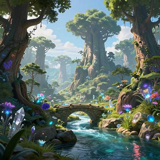Fantasy forest scene with a stone arch bridge over a glowing blue river, surrounded by colorful bioluminescent flowers and towering trees. Digital art,