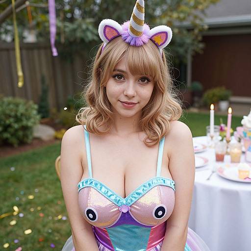Photograph of a fair-skinned woman with wavy blonde hair, wearing a unicorn horn headband, large-breasted pastel dress, and cat