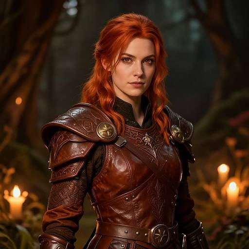 Digital artwork of a red-haired woman with fair skin in detailed brown leather armor, standing in a forest with glowing candles.
