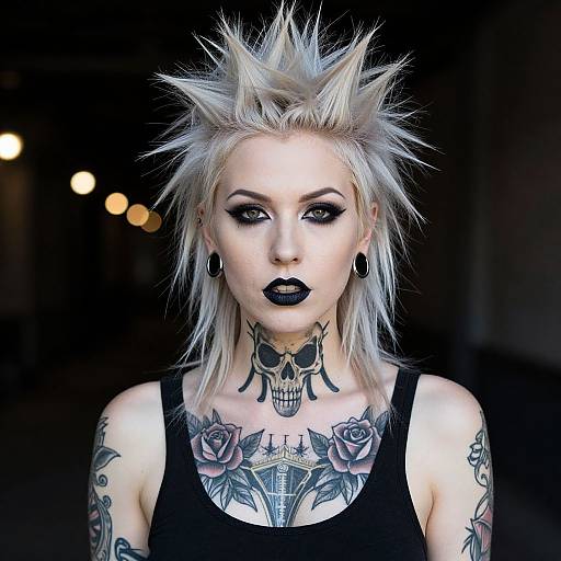 Photograph of a pale-skinned, blonde woman with spiked hair, black lipstick, heavy eye makeup, tattoos, black tank top, and black earrings