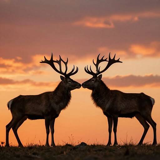 Photograph of two silhouetted male deer with large antlers facing each other against a vibrant orange and purple sunset sky.