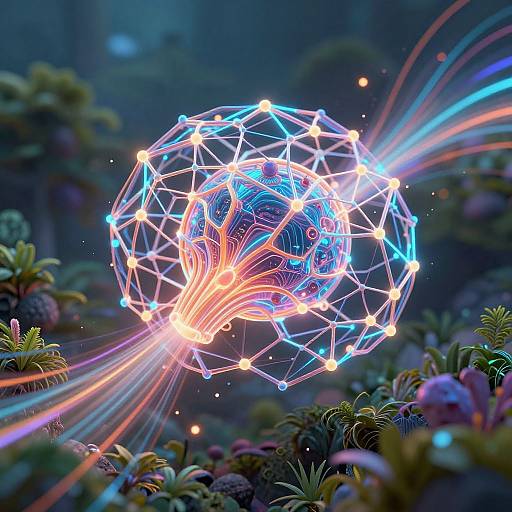 Digital CGI artwork of a glowing, neon-lit, 3D wireframe sphere emitting vibrant blue, pink, and orange light trails, floating above