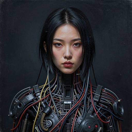 Digital artwork of an East Asian woman with black hair, cybernetic enhancements, and exposed wires, against a dark background.