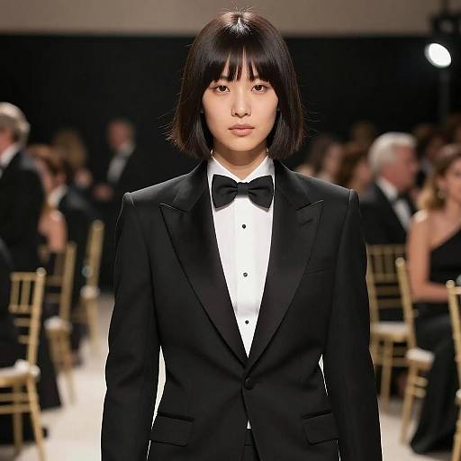Photograph of an Asian woman with straight black bob haircut, wearing a black tuxedo with white shirt and black bow tie, standing on a dim