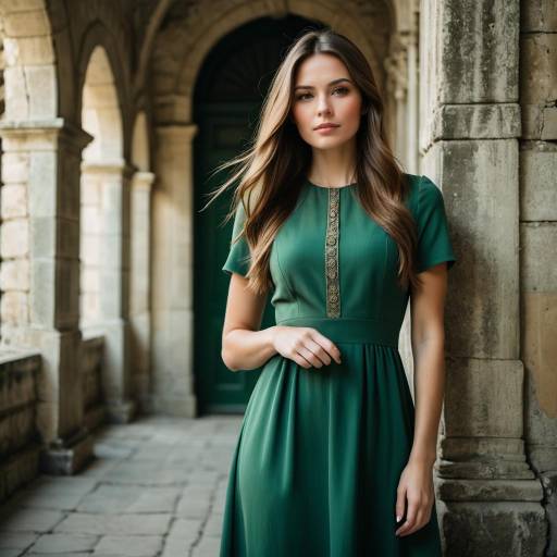 Elegant Woman in Green Dress by Historic Stone Architecture