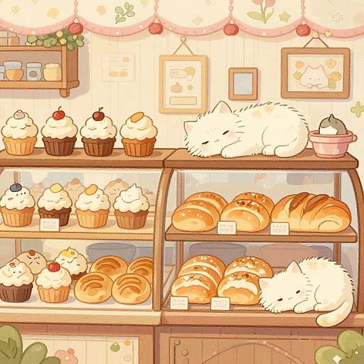 Cute white fluffy cat naps on bakery shelves with cupcakes and pastries, surrounded by warm pastel colors and whimsical decorations. Digital drawing.