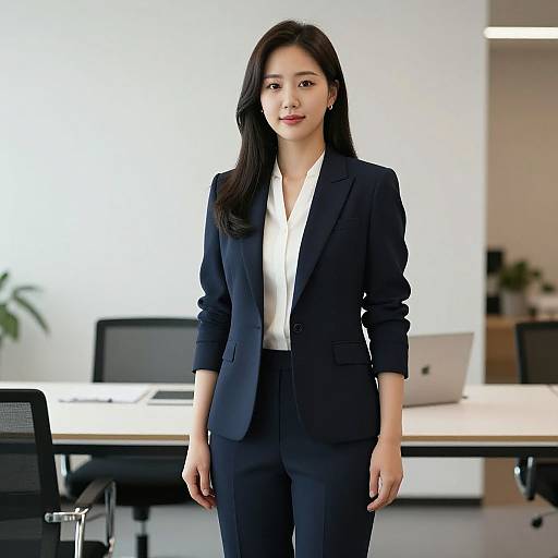 Photograph of an attractive Asian woman with long black hair, wearing a navy blazer and white shirt, standing in a modern, bright office.