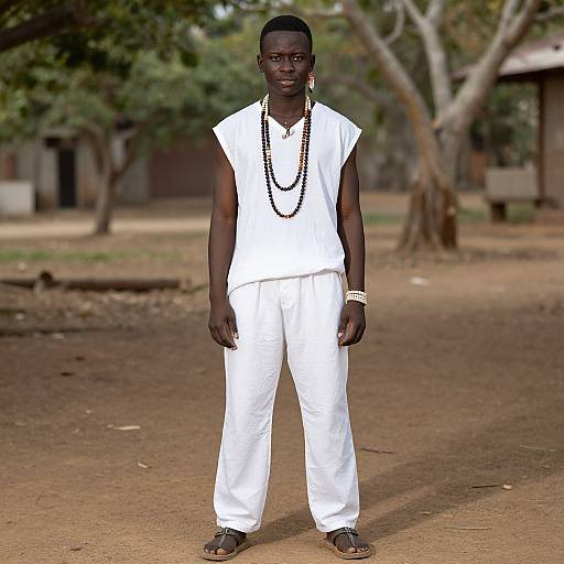 Photograph of a tall, dark-skinned man wearing a white sleeveless shirt, white pants, long black bead necklace, and bracelets, standing on
