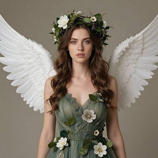 Photorealistic image of a fair-skinned woman with long brown hair, wearing a green floral dress, white angel wings, and a flower crown,