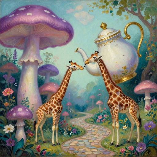 Fantastical painting: Two giraffes drink from a golden teapot beside giant purple mushrooms in a vibrant, enchanted forest with a winding stone path